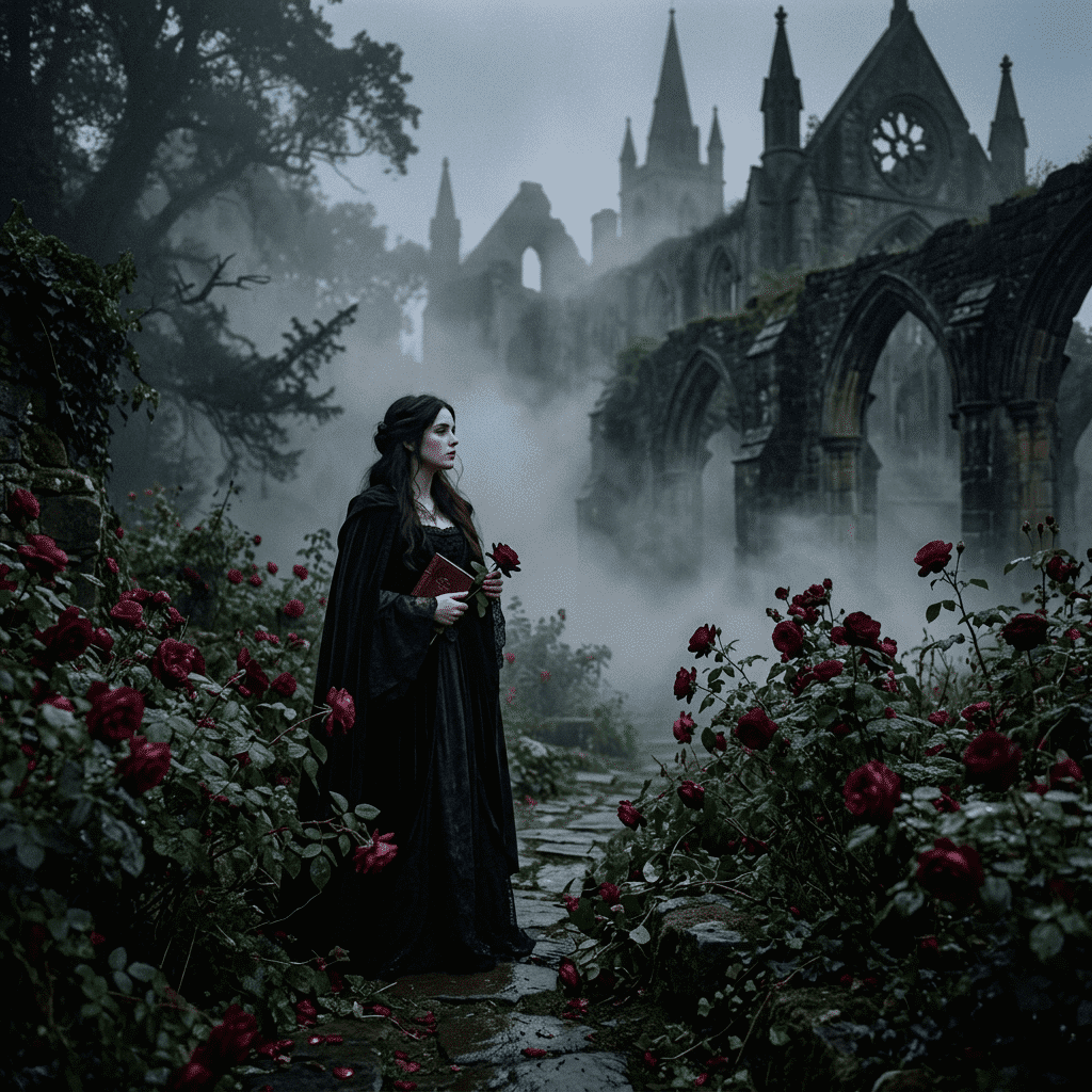 Gothic romantic poetry themed scene with roses and mist