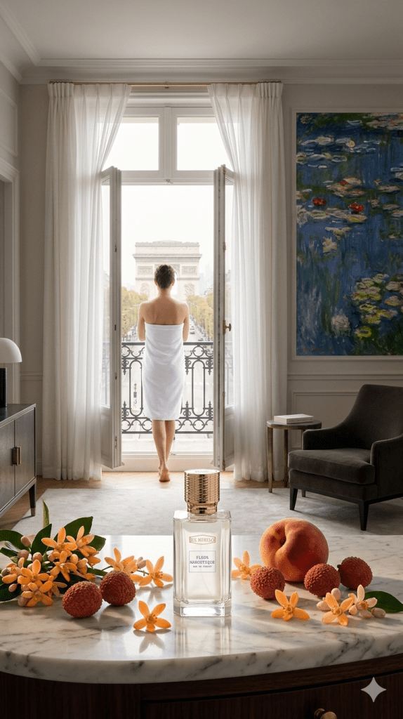 A woman in a white towel stands on a Parisian balcony overlooking the Arc de Triomphe, her back to the viewer, while a bottle of Fleur Narcotique by Ex Nihilo sits in the foreground on a marble surface surrounded by orange blossoms, lychee and a ripe peach, with a Monet water lily panel visible on the wall and a reading chair in the corner.
