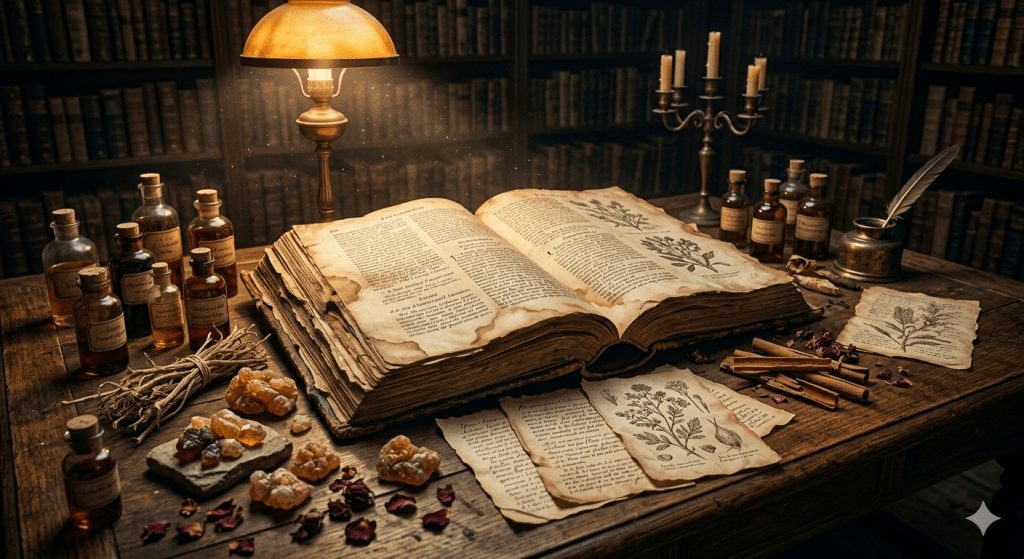 A massive tattered ancient encyclopedia lies open on a dark wooden table surrounded by raw fragrance ingredients including frankincense resin, cinnamon bark, dried rose petals, and botanical illustrations, lit by a warm amber lamp in a dark library.