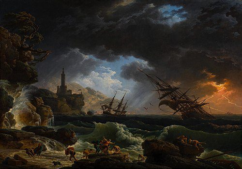 Claude-Joseph Vernet, A Shipwreck in a Storm, 1754, oil on canvas — ships breaking apart on rocky shore in a violent storm