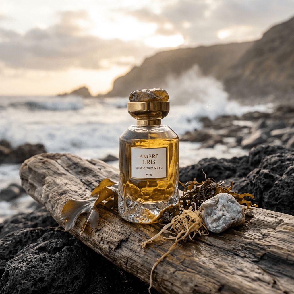 Ambre Gris Oceanic Eau de Parfum bottle on driftwood with seaweed and rocks by the ocean