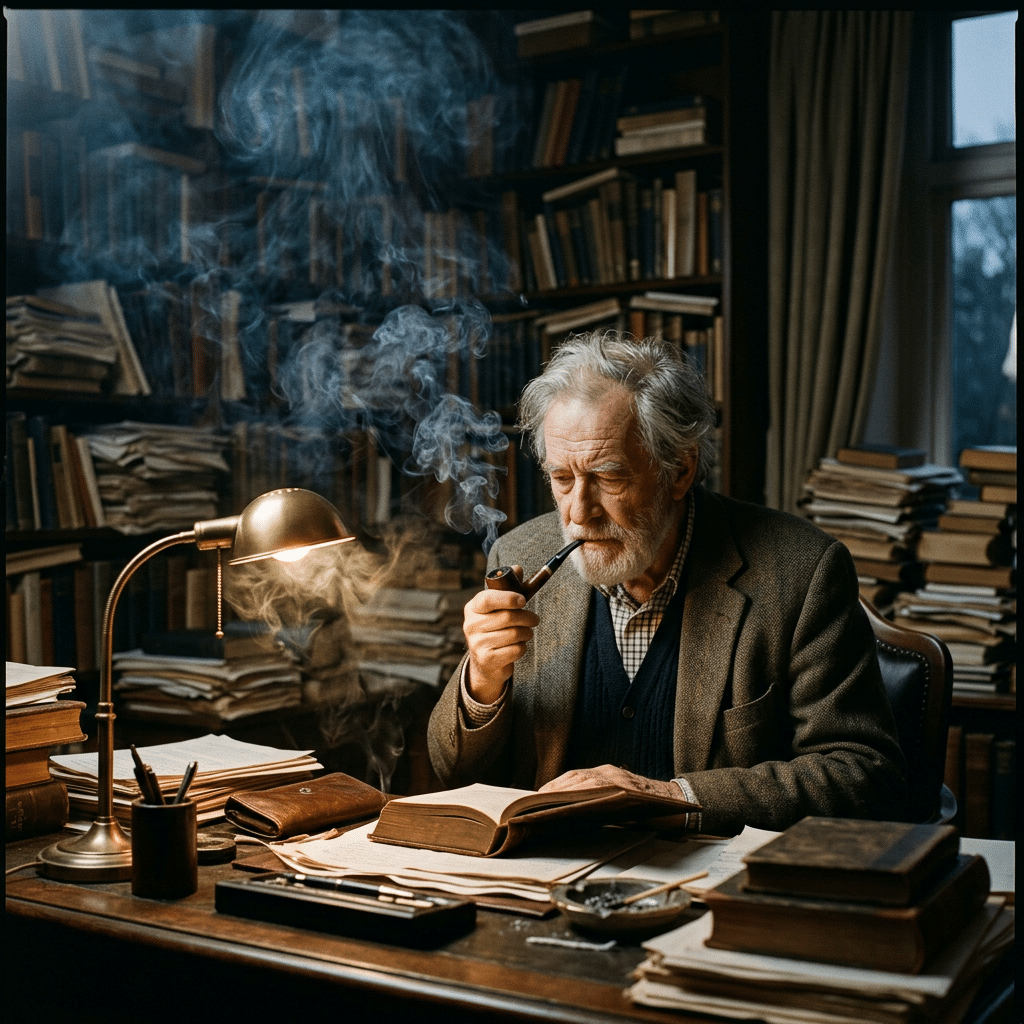 Elderly man reading book and smoking pipe in study with books and lamp