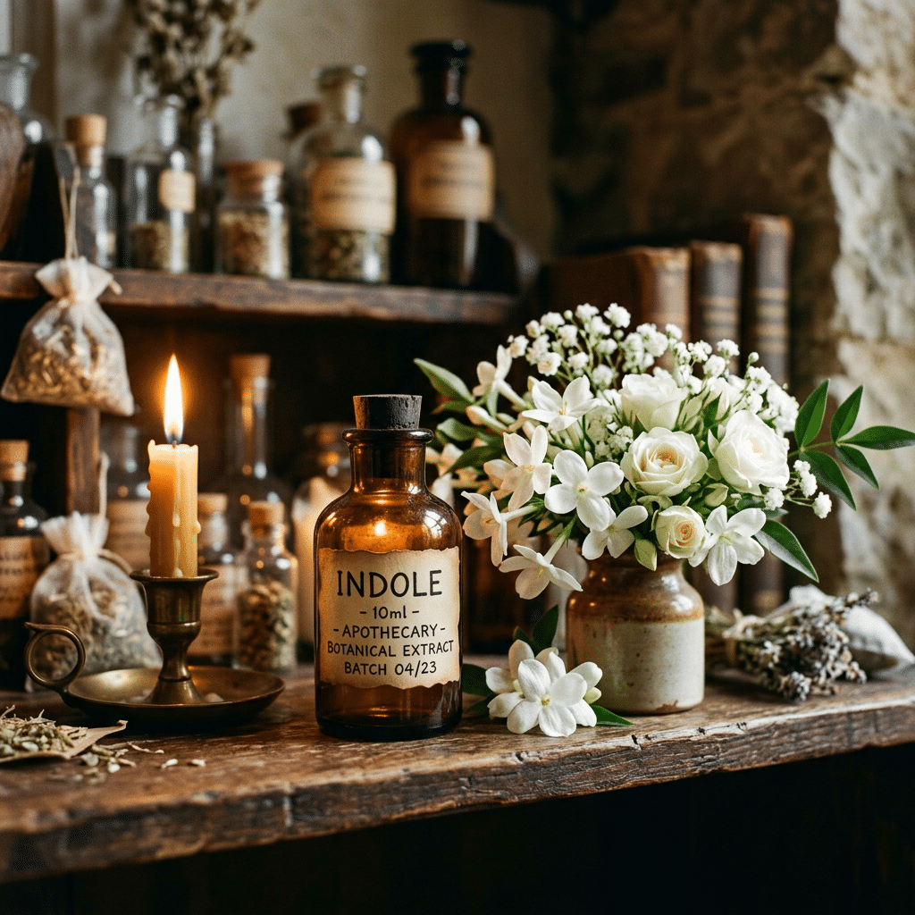 Indole apothecary bottle with white flowers, candlelight