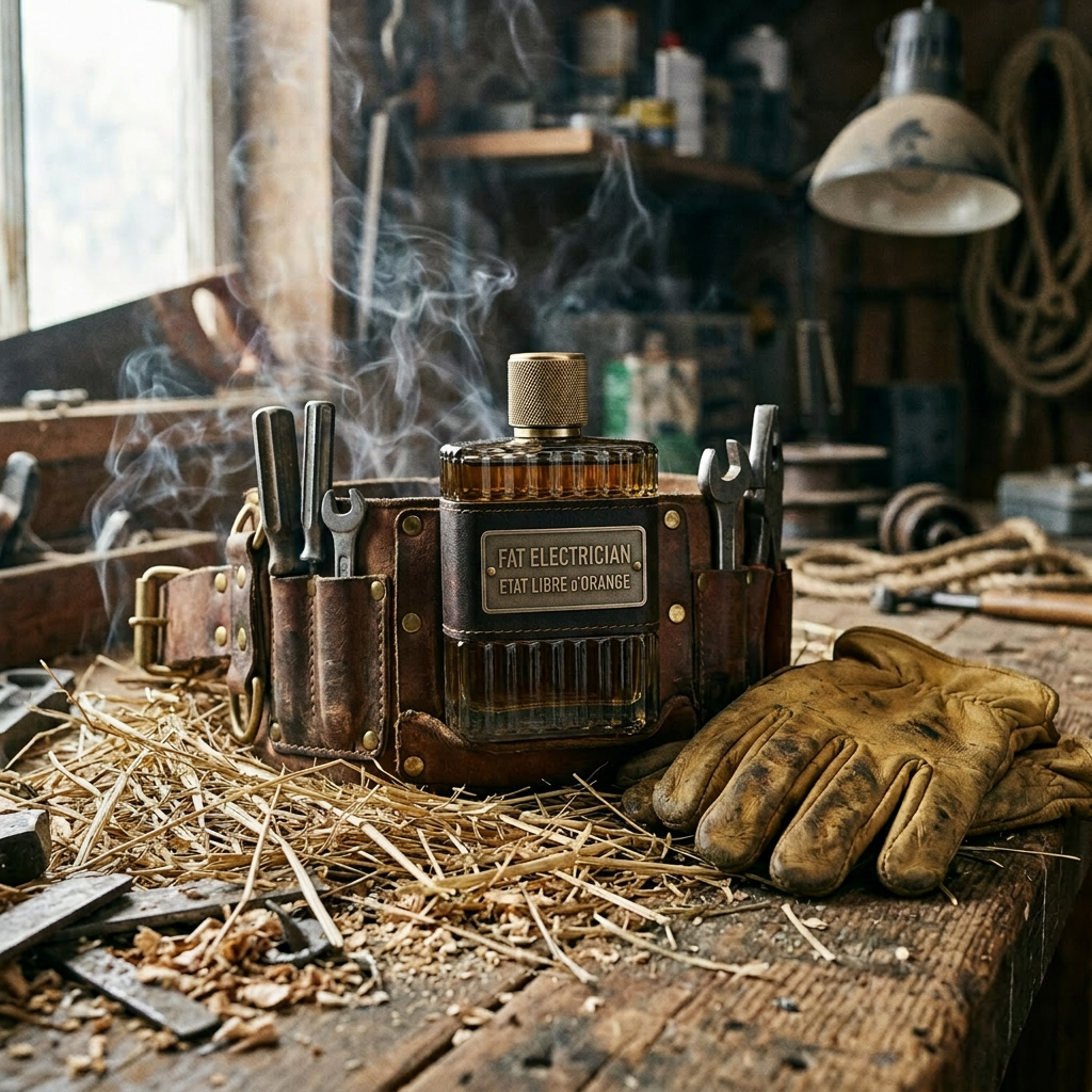 Bottle of Workshop Harvest Smoke perfume surrounded by tools and gloves on dusty wooden workbench
