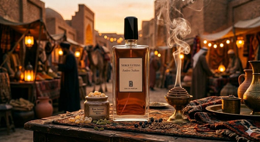 Serge Lutens Ambre Sultan perfume bottle against a Silk Road market at dusk