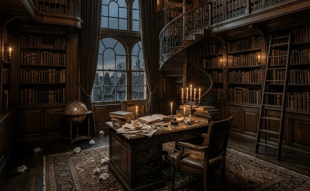 a wooden desk surrounded by books and crumpled papers in a vintage library