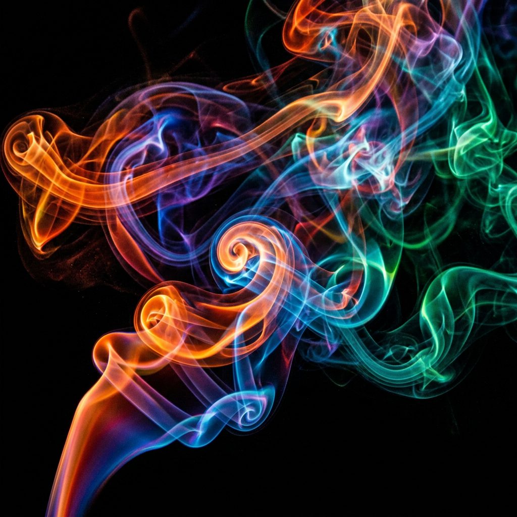 Swirling colorful smoke in orange, blue, and green on black background
